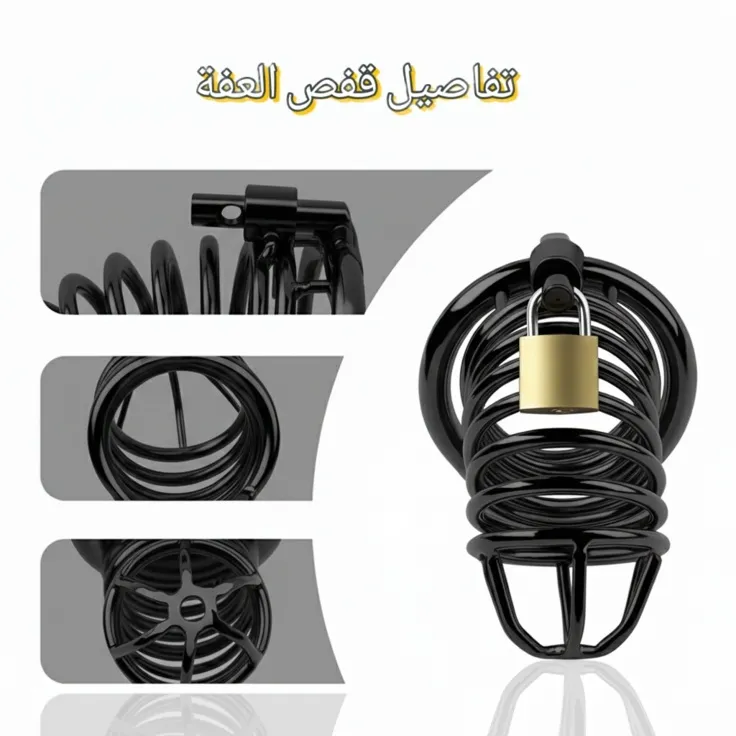 قفص العفة الأسود | قفل القضيب ستانلس ستيل – ألعاب زوجية 2 زوايا مختلفة لقفص العفة المعدني تظهر فتحات التهوية الأمامية وتصميم الحلقات المتداخلة مع قفل نحاسي متين.
